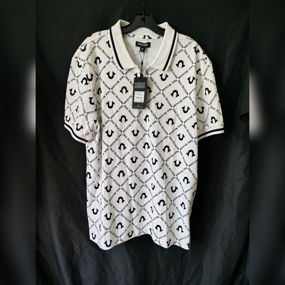 $79 NWT True Religion Size L Color White Zip AOP Relaxed Polo